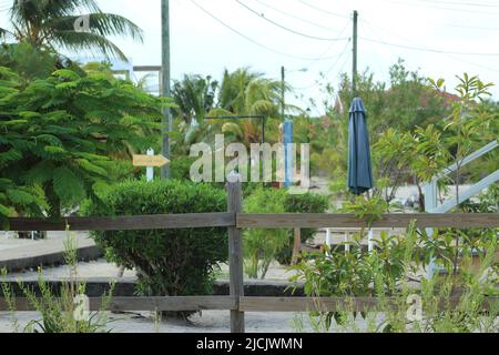 PLACENCIA, BELIZE - 8 AOÛT 2016 clôture, jardins et parasol Banque D'Images