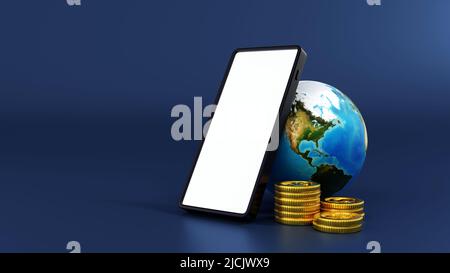 Smartphone avec pile de pièces d'or et globe ou terre, monde des affaires et des concepts financiers. 3D rendu. Élément par NASA Banque D'Images