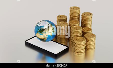 Smartphone avec pile de pièces d'or et globe ou terre, monde des affaires et des concepts financiers. 3D rendu. Élément par NASA Banque D'Images