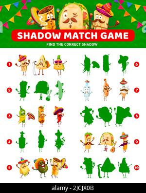 Jeu Shadow Match de caricatures tex-mex cuisine mexicaine. Feuille de travail vectorielle de l'éducation des enfants puzzle, énigme ou quiz avec burrito drôle, taco, nachos et piment, quesadilla, churros, tamale Illustration de Vecteur