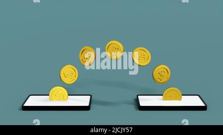 Concept de banque mobile, transfert de pièces de monnaie d'un smartphone à un autre téléphone portable, e-portefeuille de transfert d'argent en ligne, rendu 3D. Banque D'Images