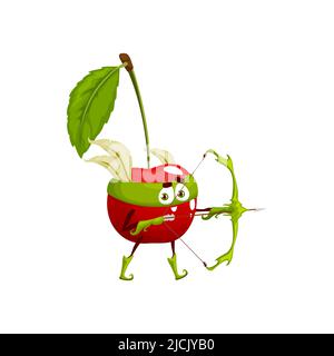 Cherry Defender avec arc et flèche. Super-héros de scénario de dessin animé ou personnage de conte de fées. Cagoule de conte de fées ou archer isolé indien. Nourriture saine, vitamines pour enfants menu, livre ou jeu Illustration de Vecteur