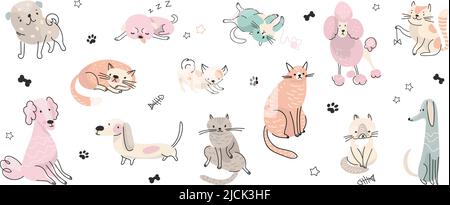 Les animaux adorables de Doodle. Joli portrait de chien, joli chaton relax différentes poses. Chats et chiens, dessin animé chiots. Vecteur animal de nowaday isolé Illustration de Vecteur