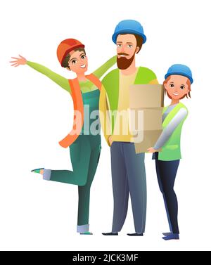 Homme, femme et fille constructeur dans la veste et le casque de protection. Personne joyeuse. Posture debout. Motif bande dessinée plate. Simple Illustration de Vecteur