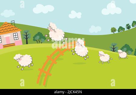 Les moutons sautent dans le champ. Compter la clôture de saut de mouton. Paysage animal de ferme, comptant les animaux de bande dessinée pour dormir. Drôle de traitement de l'insomnie de nowaday vecteur Illustration de Vecteur