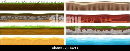 Sols sans couture. Terre d'art avec pierre, éléments de paysage de dessin animé de jeu. Types de plate-forme routière, roches de sable néotérique et motif de texture vecteur de mer Illustration de Vecteur