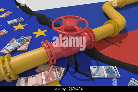 Conduite de fioul gaz avec vanne sur fond de drapeaux russes et européens. Sanctions économiques industrielles de l'UE. Embargo sur l'énergie. Exportation d'importation d'huile fr Banque D'Images