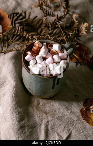 Tasse de chocolat chaud épicé maison avec marshmallow rose sur nappe en lin avec feuilles d'automne sèches autour. Boissons de saison. Boisson chaude et confortable. Banque D'Images