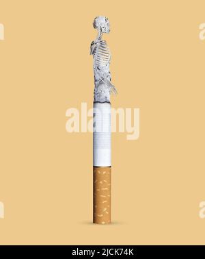 Cesser de fumer. Concept de la mort et du danger du fumeur. Squelette dans la cendre de cigarette. Arrière-plan jaune. 3d illustration. Banque D'Images