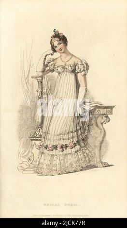 Régence femme en robe de mariée de gaze française rayée sur un slip de satin blanc, garnie de dentelle bruxelloise et de roses, de corsage carré, de cheveux avec une aigrette de perles. Conçu par Mme Elizabeth Gill de Cork Street, Burlington Gardens. Série 2, vol. 1, planche 33, 1 juin 1816. Gravure sur plaque de coperplate de couleur main par Thomas Uwins de Rudolph Ackermann's Repository of Arts, Strand, Londres. Banque D'Images