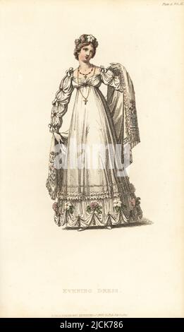 Régence dame en robe de soirée et châle en soie transparente, 1817. Robe de drape blanc sur satin, décorée de draperies de drape et de roses, couronne de roses dans les cheveux, colliers. 3, tôle 11, 1 février 1817. Gravure sur plaque de coperplate de couleur main par Thomas Uwins de Rudolph Ackermann's Repository of Arts, Strand, Londres. Banque D'Images