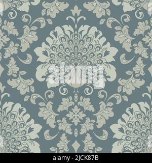 Fond d'écran damassé romantique et doux à motif vectoriel sans couture. Paon de style victorien sur fond gris bleu. Textile de mode vintage décoratif avec oiseau. Illustration de Vecteur