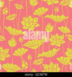 Motif vectoriel sans couture avec fleurs de lotus jaunes sur fond rose. Superbe papier peint fleuri. Textile de mode romantique pour filles. Illustration de Vecteur