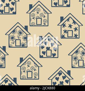 Motif vectoriel sans couture avec maisons bleues sur fond rose. Papier peint familial simple. Textile de mode de village heureux. Illustration de Vecteur