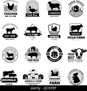 Badges ruraux. Ferme emblèmes avec animaux domestiques chevaux de porc vaches poulet oies pays symboles récents modèles vectoriels avec place pour le texte Illustration de Vecteur