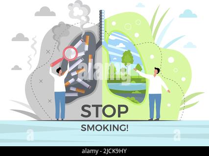 Pas de concept de tabac. Les poumons endommagés dans le corps humain malsain ont détruit les systèmes respiratoires arrière-plan vectoriel récent de style plat Illustration de Vecteur