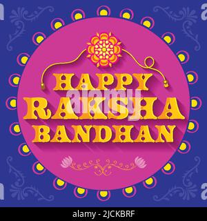 Happy Raksha Bandhan lettrage avec bracelet (Rakhi) sur fond circulaire rose et bleu. Illustration de Vecteur