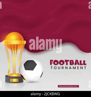 Concept de tournoi de football avec coupe Golden Trophy réaliste, football sur fond rouge brillant et gris. Illustration de Vecteur