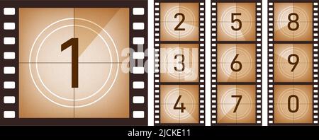 Compte à rebours du film. Film ancien d'écran de cinéma, chiffres abstraits cadres pour bande de début ou de fin. Bande TV, cinéma hollywoodien rétro, animation exact Illustration de Vecteur