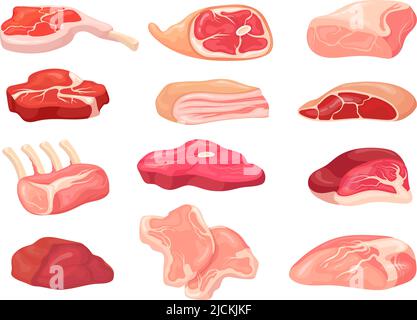 Viande rustique de dessin animé. Steaks d'animaux crus variété pour rôti de hache barbecue, boeuf jambon de porc bacon d'agneau graisse blanche saindoux sirloin, les ingrédients de boucherie de longe de côtes, illustration vectorielle soignée Illustration de Vecteur