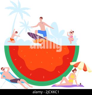 Les gens dans la piscine de pastèque. Petits amis avec boisson cocktail natation dans le jus de pastèques, fête de plage d'été drôle événement voyage île de mer, illustration vectorielle. Natation et boisson cocktail Illustration de Vecteur