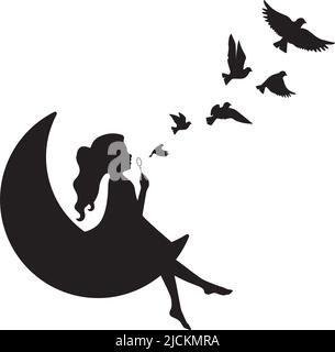 Fille sur une lune des bulles et des oiseaux volants, vecteur. Silhouette de fille sur une lune. Décalcomanies murales isolées sur fond blanc, design artistique, illustration Illustration de Vecteur