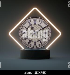 Une ancienne horloge de tour en acier bleu et or sur une scène verte ronde éclairée par un rétro-éclairage au néon carré - rendu 3D Banque D'Images