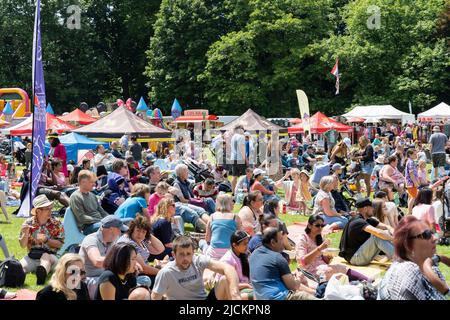 Les personnes assises et profitant du soleil d'été au festival de la magie de la Thaïlande au parc mémorial de la guerre de Basingstoke. 12 juin 2022. Angleterre Banque D'Images