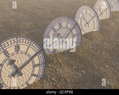 Une ligne de demi-horloges anciennes enterrées en fer bleu avec garniture or dans un paysage de gravier sablonneux - rendu 3D Banque D'Images