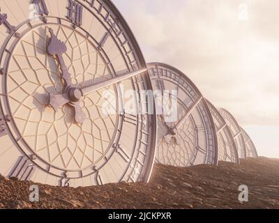 Une ligne de demi-horloges anciennes enterrées en fer bleu avec garniture or dans un paysage de gravier sablonneux - rendu 3D Banque D'Images