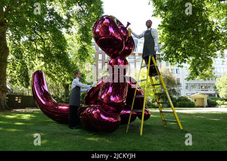 Le 28 juin Jeff Koons sculpture séminale Balloon Monkey ( Magenta ) 2006-13 estimation £6 000 000-£10 000 000 sera présenté à la vente à Christie's par Victor et Olena Pinchuk pour recueillir des fonds essentiels pour l'aide humanitaire pour l'Ukraine. Les procédures seront utilisées pour aider les soldats et les civils gravement blessés par la guerre qui ont besoin d'urgence de prothèses , le traitement médical et la réadaptation pour récupérer autant de qualité de vie que possible. représentant l'innocence et la joie de l'enfance pour les enfants et les adultes .. Banque D'Images