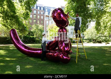 Le 28 juin Jeff Koons sculpture séminale Balloon Monkey ( Magenta ) 2006-13 estimation £6 000 000-£10 000 000 sera présenté à la vente à Christie's par Victor et Olena Pinchuk pour recueillir des fonds essentiels pour l'aide humanitaire pour l'Ukraine. Les procédures seront utilisées pour aider les soldats et les civils gravement blessés par la guerre qui ont besoin d'urgence de prothèses , le traitement médical et la réadaptation pour récupérer autant de qualité de vie que possible. représentant l'innocence et la joie de l'enfance pour les enfants et les adultes .. Banque D'Images