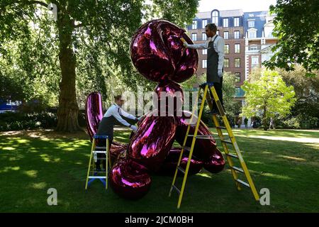 Le 28 juin Jeff Koons sculpture séminale Balloon Monkey ( Magenta ) 2006-13 estimation £6 000 000-£10 000 000 sera présenté à la vente à Christie's par Victor et Olena Pinchuk pour recueillir des fonds essentiels pour l'aide humanitaire pour l'Ukraine. Les procédures seront utilisées pour aider les soldats et les civils gravement blessés par la guerre qui ont besoin d'urgence de prothèses , le traitement médical et la réadaptation pour récupérer autant de qualité de vie que possible. représentant l'innocence et la joie de l'enfance pour les enfants et les adultes .. Banque D'Images