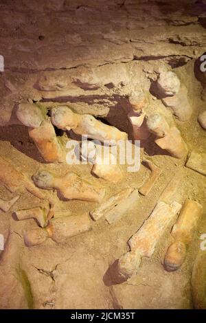 Objets en terre cuite, tels que des figures d'êtres humains, guerriers, matériel militaire, Et le bétail, y compris les chevaux et les animaux de ferme, exposés dans des fosses anciennes excavées sous terre dans la butte funéraire du mausolée Han Yang Ling (ou le mausolée Yang Ling de Han), le mausolée de l'empereur Jing, le sixième empereur de la dynastie occidentale Han et son impératrice, Wang. Xi'an. Chine. PRC. (125) Banque D'Images