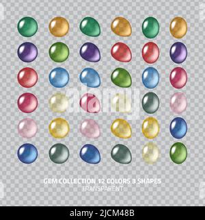 Collection d'icônes de pierres polies transparentes - ensemble de 36 boutons en verre et pierres précieuses transparentes, collection de formes différentes Illustration de Vecteur