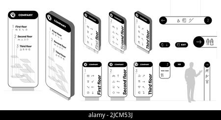 Mise en place de la maquette de signalisation du système d'orientation. Modèles de recherche de conception extérieurs et intérieurs. Maquette de navigation dans le centre commercial. Panneaux d'information des lieux publics. Signes de vecteur de direction complexe résidentiel Illustration de Vecteur