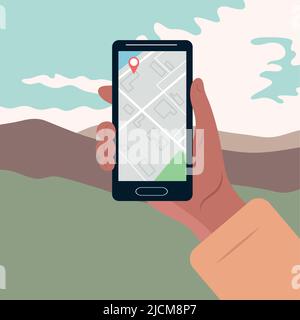 La main tient un smartphone, des cartes, la géolocalisation.paysage de montagne sur l'arrière-plan des nuages. Illustration de couleur vectorielle. Illustration de Vecteur