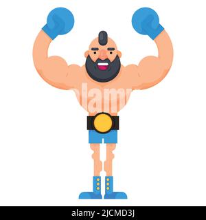 Boxeur champion célébrant la victoire en portant une ceinture de boxe. Boxeur en profitant de la victoire avec ses mains levées. illustration vectorielle plate. Illustration de Vecteur