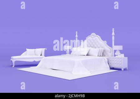 Maquette de lit blanche sur fond violet Uni, rendu 3D. Banque D'Images