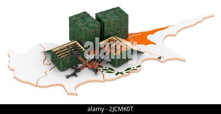 Carte chypriote avec armes. Fournitures militaires à Chypre, concept. 3D rendu isolé sur fond blanc Banque D'Images