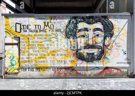 Ode to Mo Salah, Liverpool FC Street art, Liverpool, Angleterre, Royaume-Uni Banque D'Images