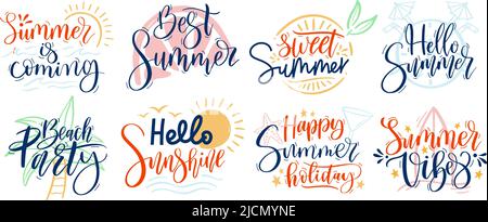 Lettrage été. Balises Resort, texte été bonjour et jeu de vecteurs typographiques de fête de plage Illustration de Vecteur