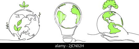 Une ligne éco-monde. Support écologique globe, idée de protection de l'environnement et vecteur de l'écosystème de la terre verte jeu d'illustrations Illustration de Vecteur