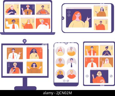 Écrans de visioconférence. Réunion d'équipe à distance sur un écran d'ordinateur, écran d'ordinateur portable avec application de chat en ligne et illustration du vecteur d'appel de conférence mobile Illustration de Vecteur