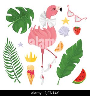 Décor tropical avec de jolis flamants roses, des feuilles de palmier et des éléments décoratifs. Style de dessin animé vectoriel. Convient aux cartes postales, autocollants et imprimés. Illustration de Vecteur