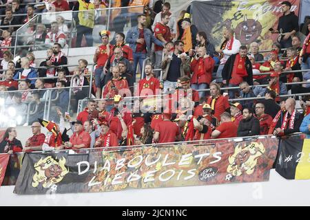 Les fans belges assistent à un match de football entre la Pologne et l'équipe nationale belge les Red Devils, le mardi 14 juin 2022 à Varsovie, Pologne, le quatrième match (sur six) dans la Ligue des Nations Une scène de groupe. BELGA PHOTO BRUNO FAHY Banque D'Images