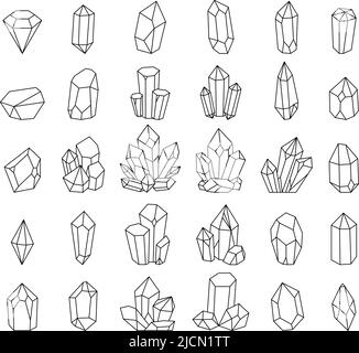 Cristal minéral. Bijou saphir pierres, minéraux cristallisés et cristaux de quartz ligne icônes ensemble de vecteur Illustration de Vecteur