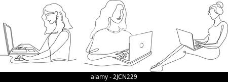 Femme avec ordinateur portable. Ligne continue art femme d'affaires travaillant avec ordinateur portable, femme freelance personnage et travail en ligne illustration vectorielle Illustration de Vecteur