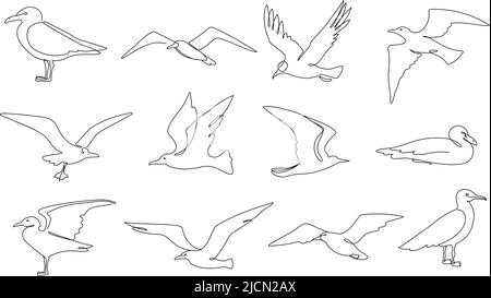 Une ligne de mouettes. Ensemble d'illustrations vectorielles en ligne continue pour oiseaux de mer, oiseaux marins et animaux de plage volants Illustration de Vecteur