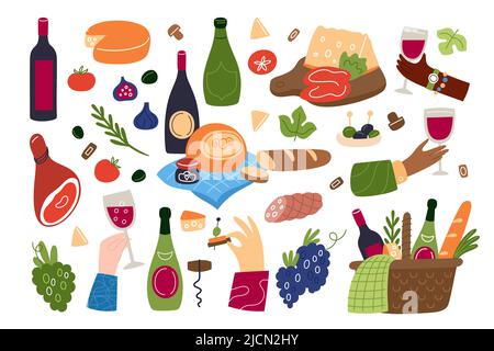 Vins. Repas et boissons. Paniers pique-nique avec délices. Cuisine française gastronomie. Mains tenant des lunettes. Fromage et pain. En-cas à boissons Illustration de Vecteur